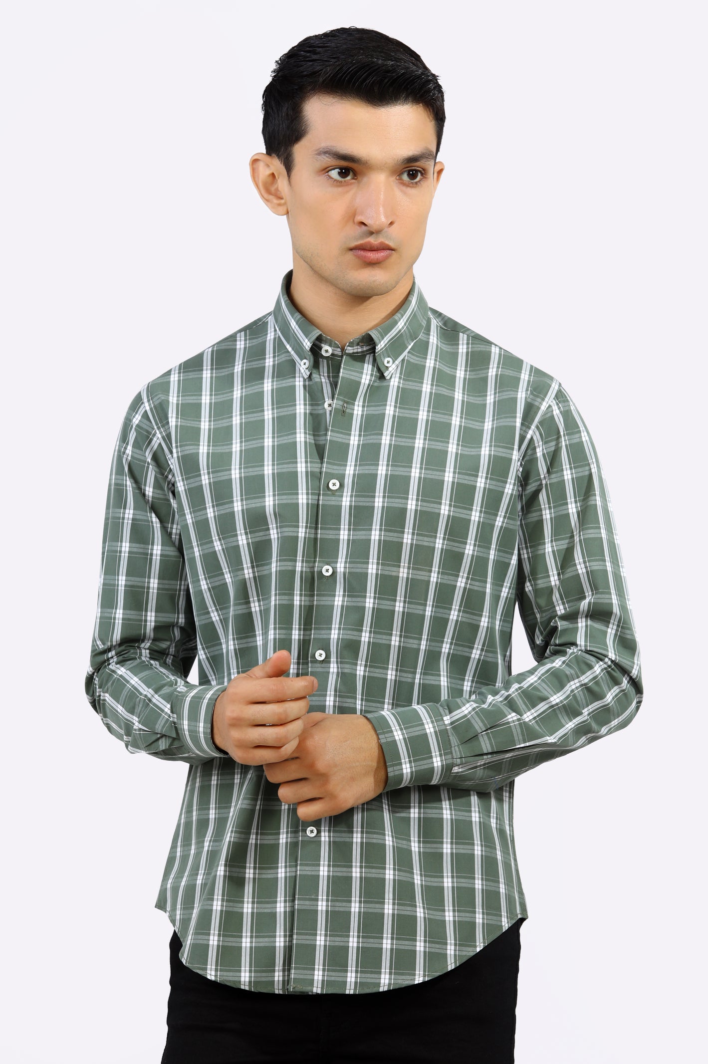 Olive Windowpane Check Casual Milano Shirt From Diners