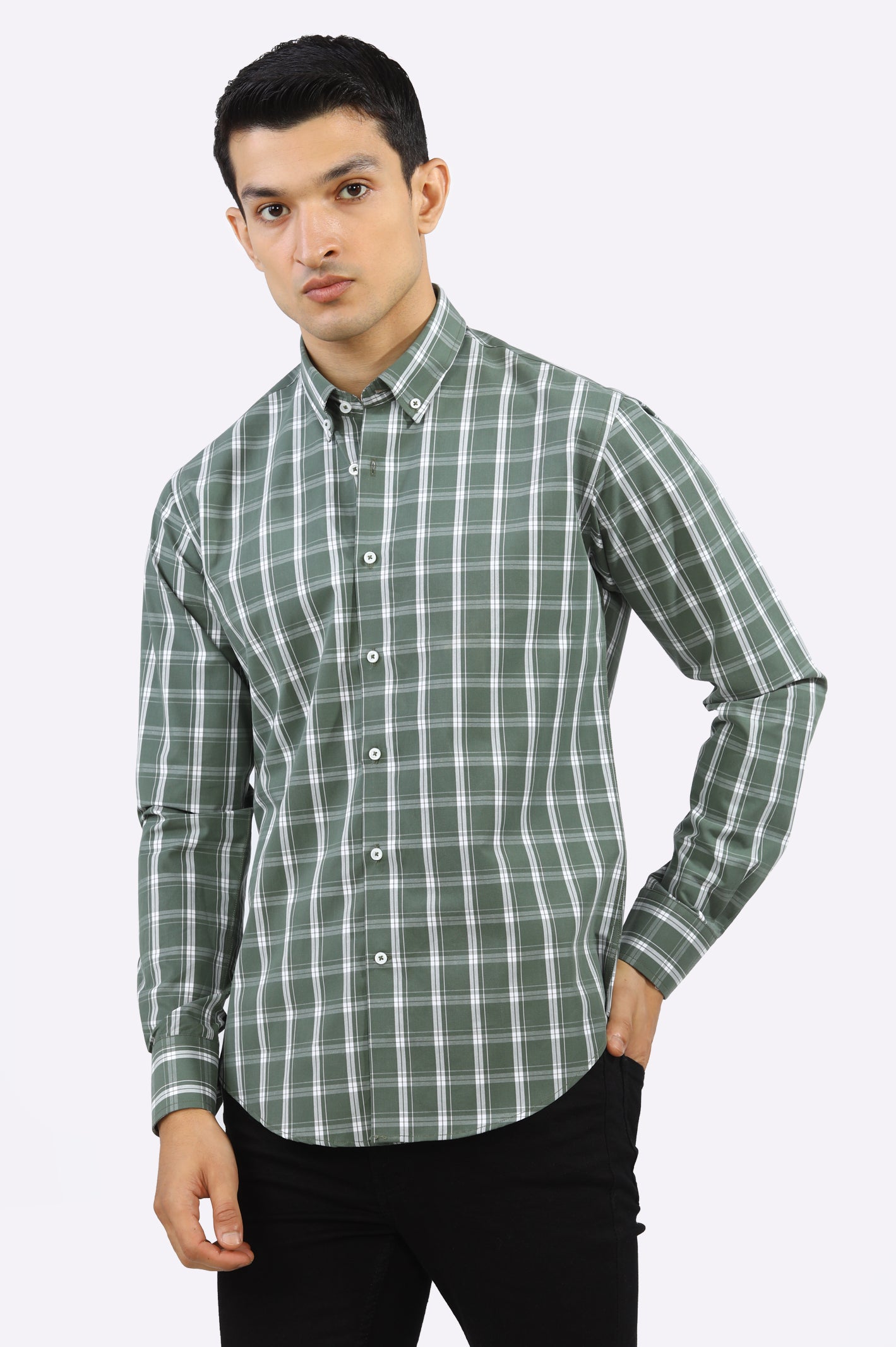 Olive Windowpane Check Casual Milano Shirt From Diners