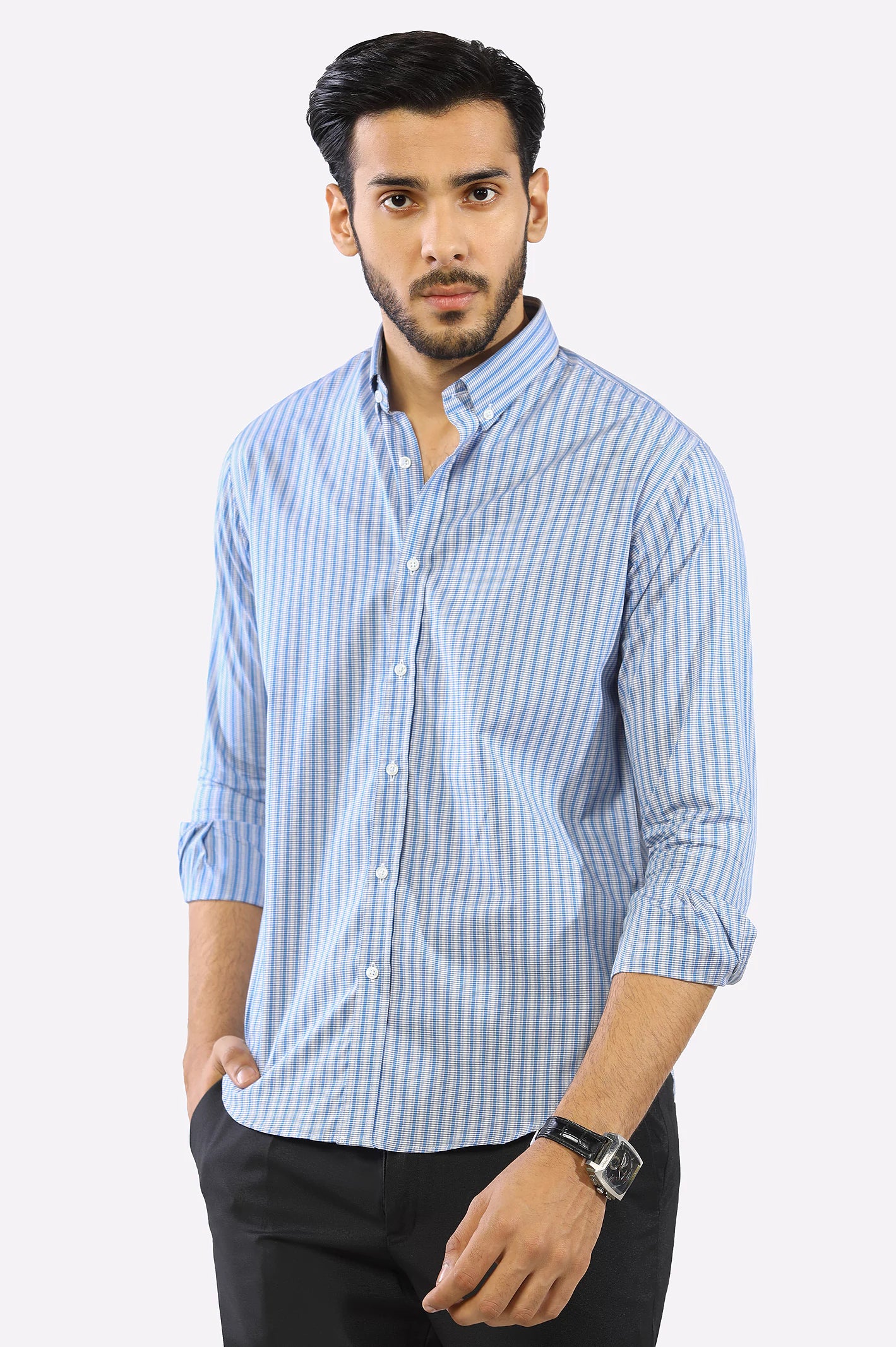 Blue Textured Stripe Casual Shirt