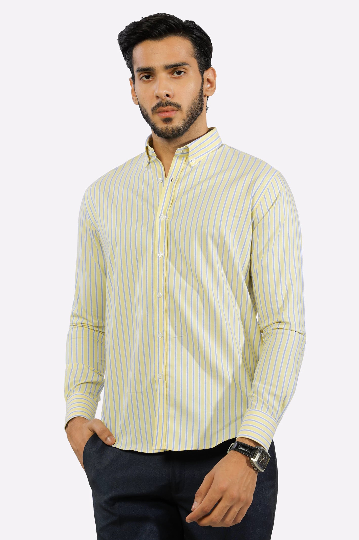 Casual Yellow Pinstripe Shirt for Men