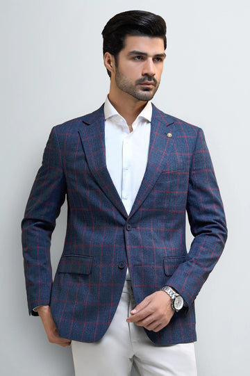 Navy Blue Checked Single-Breasted Blazer