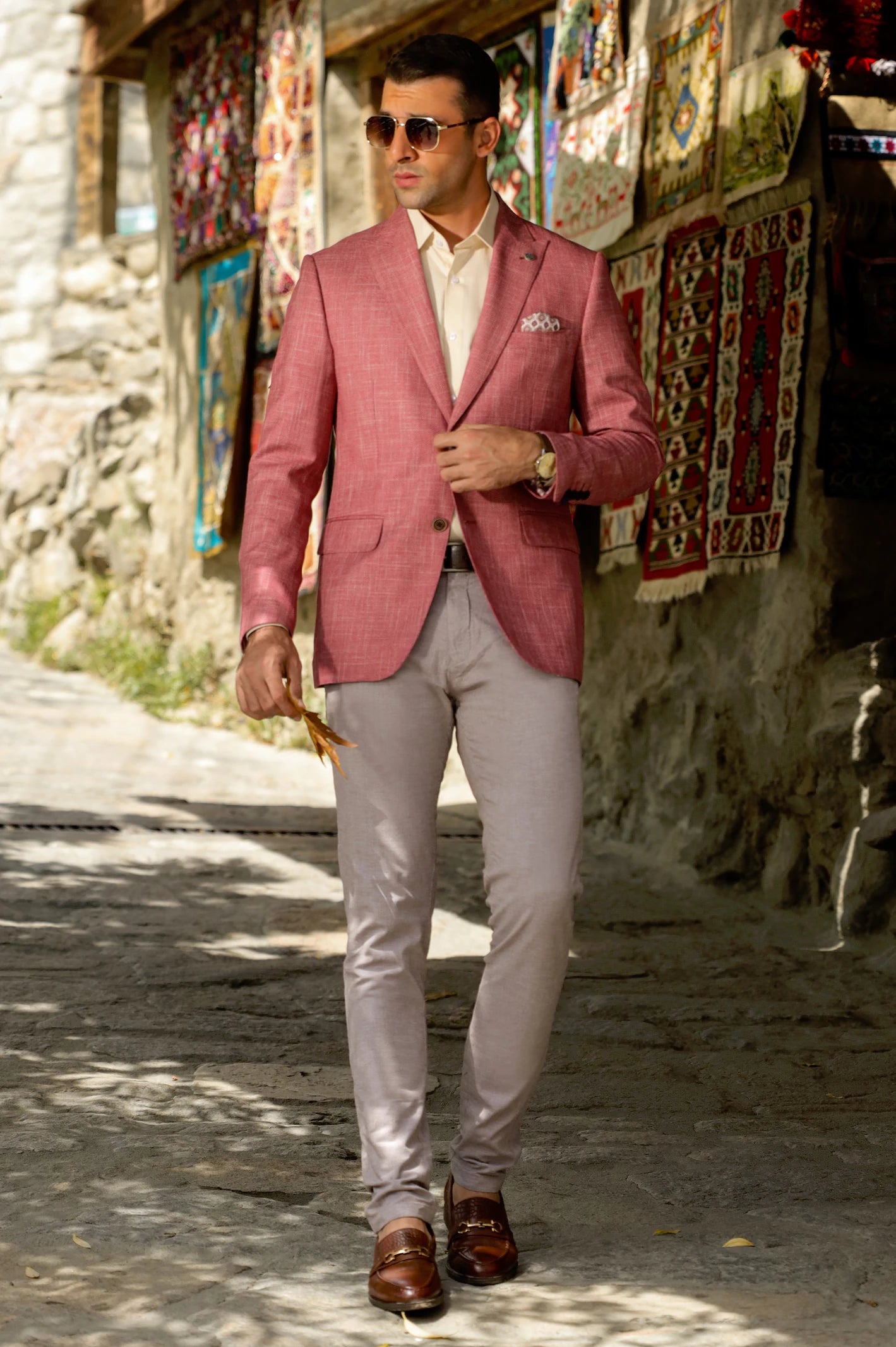 Men Check Pink Blazer Coat