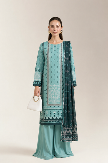 Printed Lawn-Sky Blue Unstitched 3PC