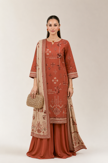 Printed Lawn-Rust Unstitched 3PC