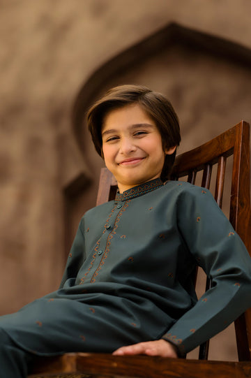 Dark Green Boys Kurta Pajama With Embroidery