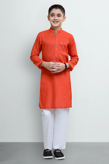 Orange Boys Self Textured Kurta Pajama