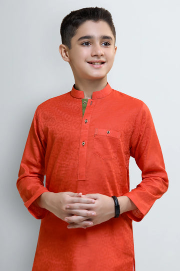 Orange Boys Self Textured Kurta Pajama