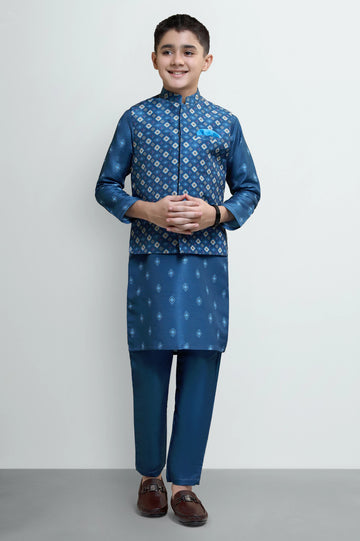 Teal Boys Kameez Shalwar With Waistcoat