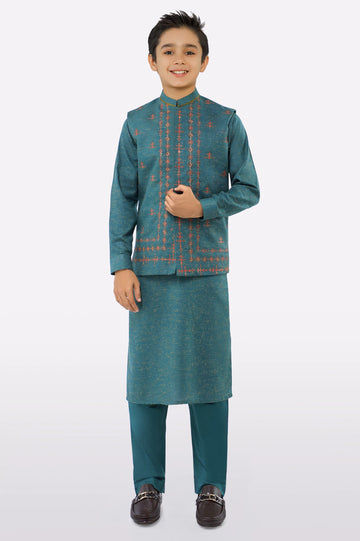 Green Boys Kurta Pajama With Waistcoat