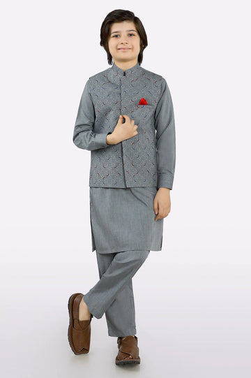 Grey Boys Kurta Pajama With Waistcoat