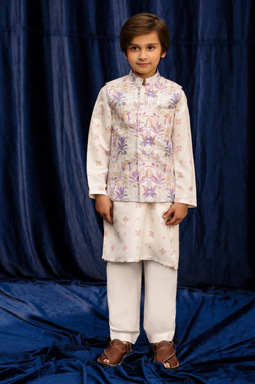 Ash White Boys Kurta Pajama With Waistcoat