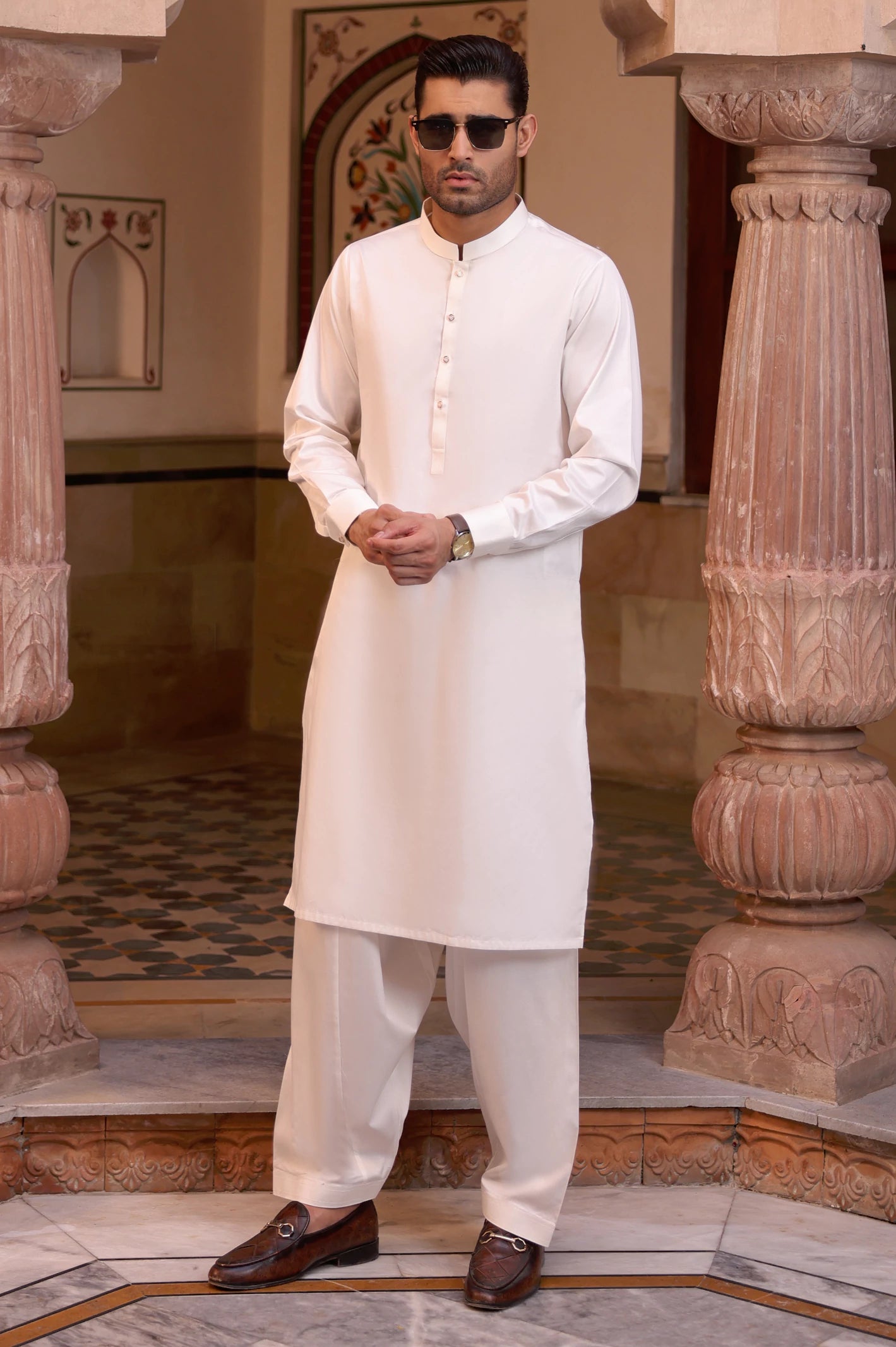 Men Off White Cotton Shalwar Kameez