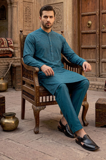 Teal Blue Schiffli Kurta Pajama