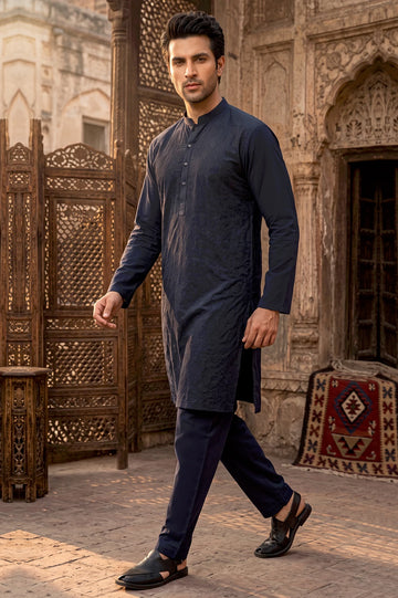 Navy Blue Schiffli Kurta Pajama
