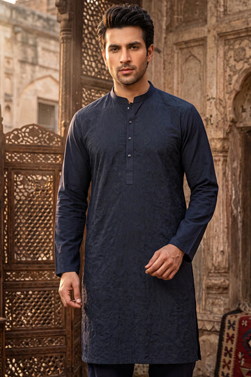 Navy Blue Schiffli Kurta Pajama