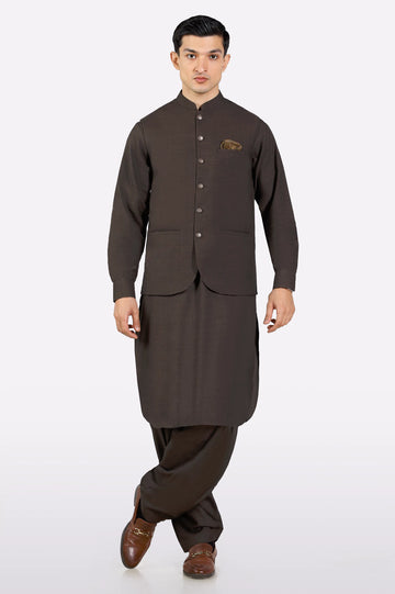 Dark Brown Shalwar Kameez with Waistcoat