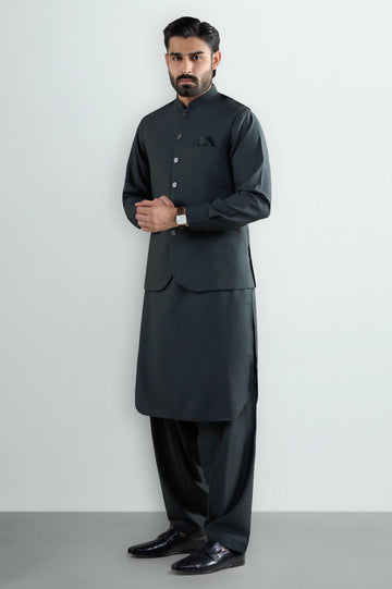 Dark Green Shalwar Kameez with Waistcoat