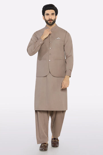 Dark Fawn Shalwar Kameez with Waistcoat