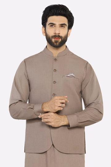 Dark Fawn Shalwar Kameez with Waistcoat