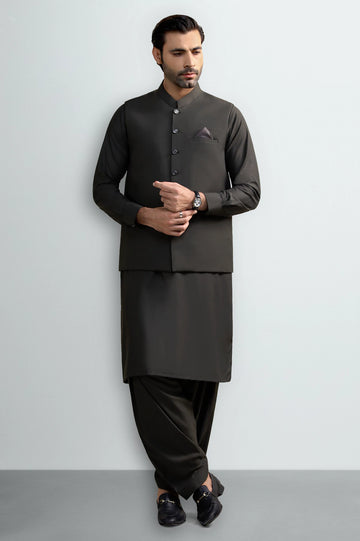 Coffee Brown Shalwar Kameez with Waistcoat