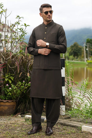Dark Brown Shalwar Kameez with Waistcoat