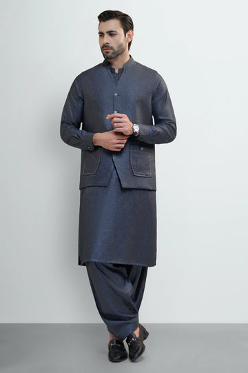 Blue Shalwar Kameez with Waistcoat