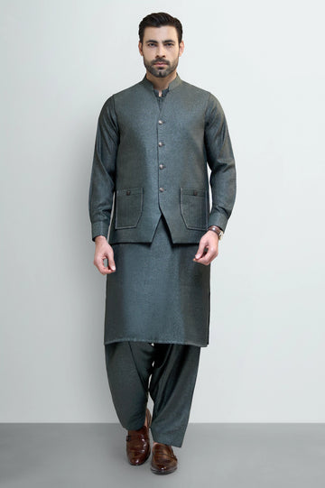 Green Shalwar Kameez with Waistcoat