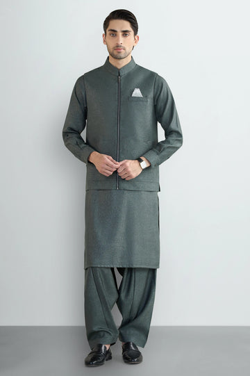 Green Shalwar Kameez with Waistcoat