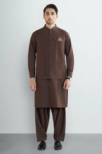 Brown Shalwar Kameez with Waistcoat