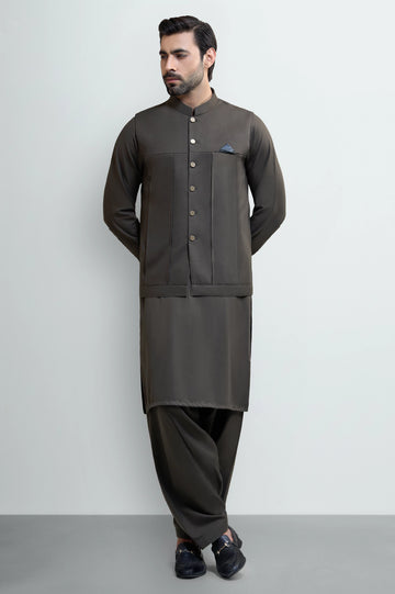 Dark Green Shalwar Kameez with Waistcoat