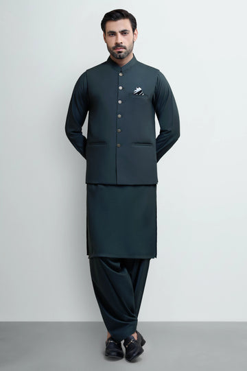 Dark Green Shalwar Kameez with Waistcoat