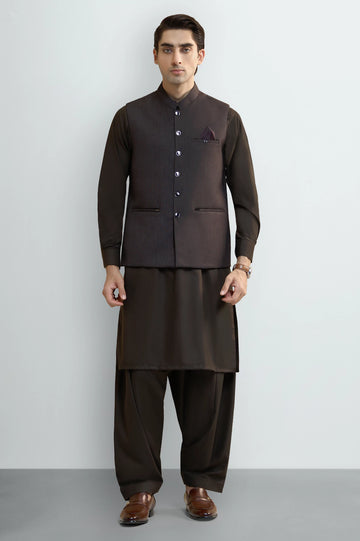 C-Brown Shalwar Kameez with Waistcoat