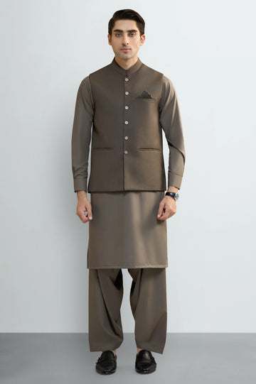 D-Beige Shalwar Kameez with Waistcoat