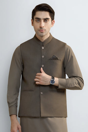 D-Beige Shalwar Kameez with Waistcoat