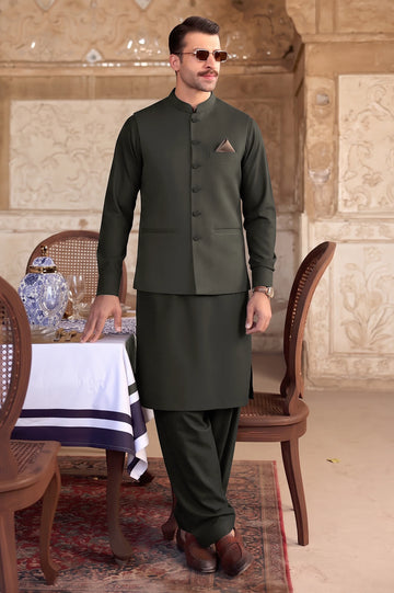 Dark Green Shalwar Kameez with Waistcoat