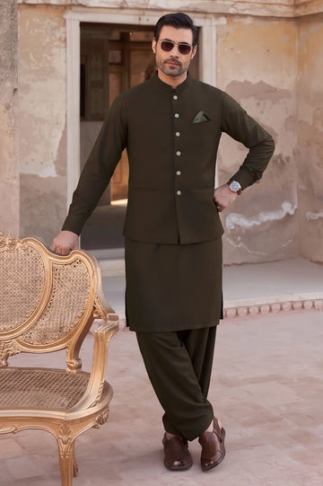 Dark Brown Shalwar Kameez with Waistcoat