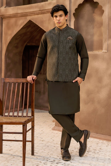 Dark Olive Kurta Pajama with Waistcoat