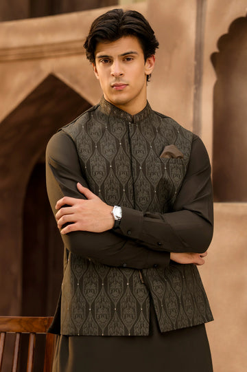 Dark Olive Kurta Pajama with Waistcoat