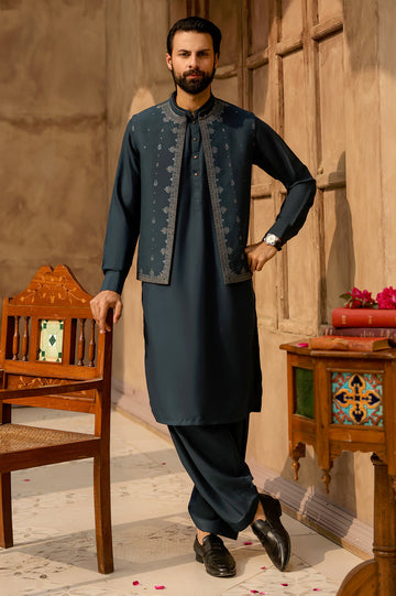 Teal Green Shalwar Kameez with Waistcoat