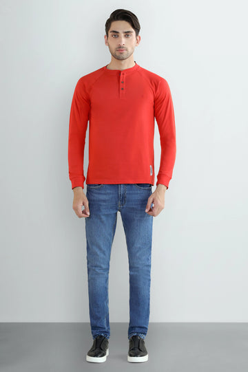 Red Full Sleeves Henley T-Shirt