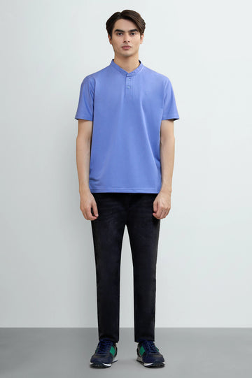 Men's Blue Solid Stand-Up Collar Polo T-Shirt