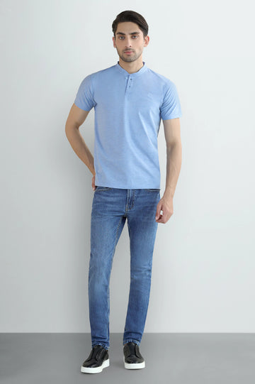 Men's Light Blue Band-Collar Henley T-Shirt