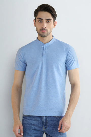 Men's Light Blue Band-Collar Henley T-Shirt