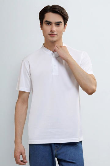 Men's White Mandarin Collar Henley T-Shirt