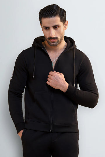 Men's Black Solid Zip-Up Hoodie