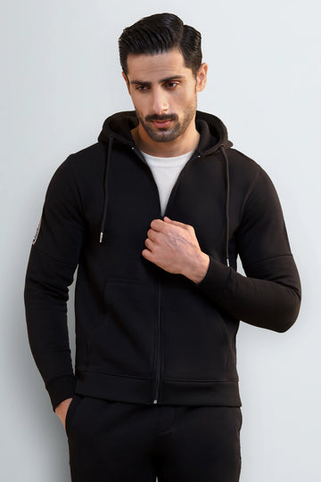Men's Black Solid Zip-Up Hoodie