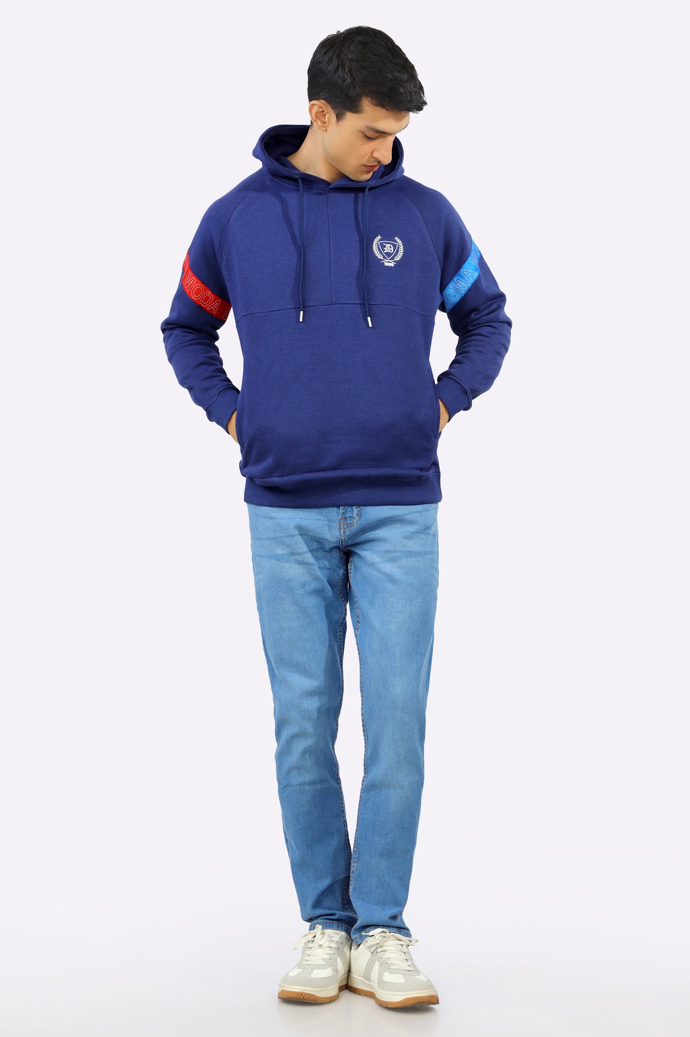 Embroidered Logo Blue Pullover Hoodie