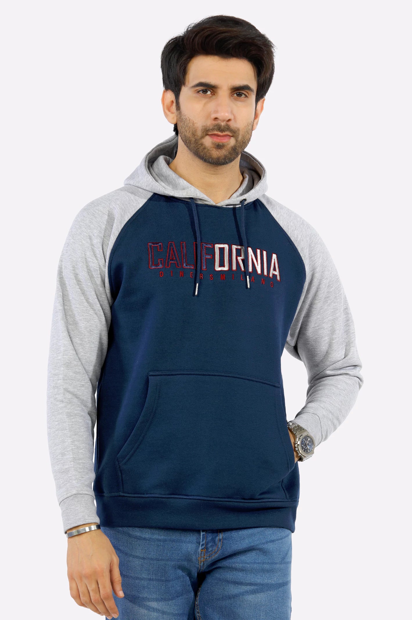 Navy Blue Embroidered Hoodie for Mens