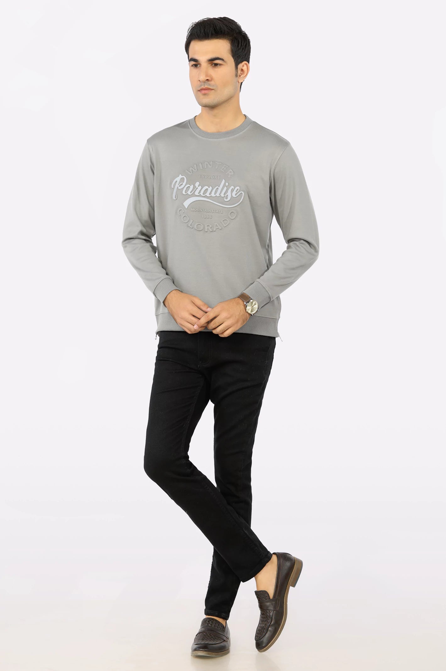 Grey Embossed Print Sweatshirt for Men