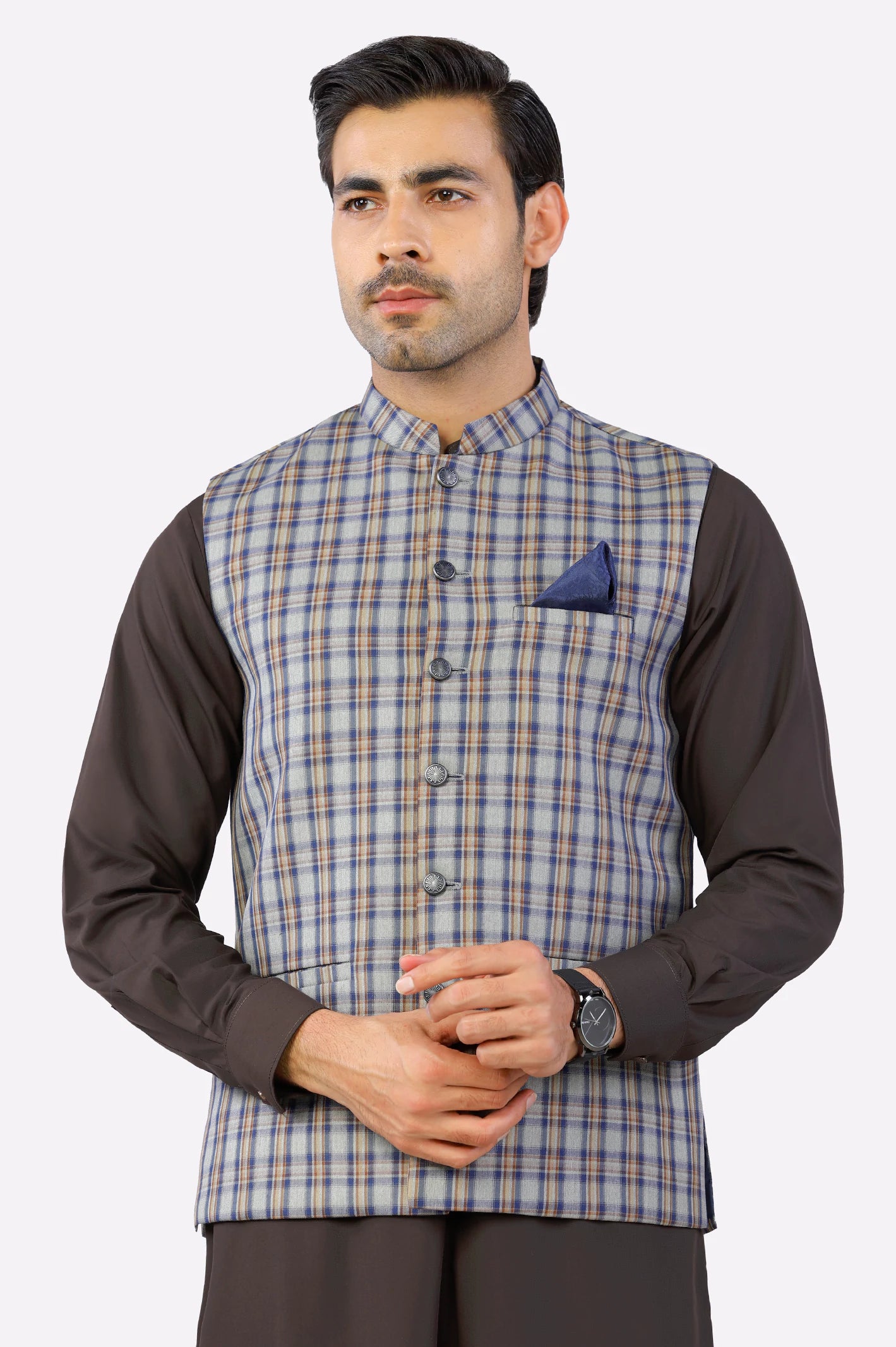 Men Blue Plaid Waistcoat